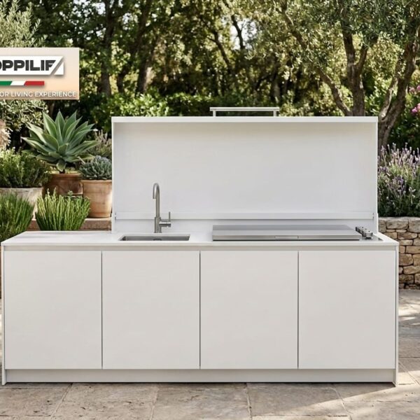 Cocina Exterior Hoppilif: elegante en color blanco brillante y estructura blanca con tapa blanca brillante con BARBACOA ENCASTRABLE PROLINE® 6B FLAT LID Nevera C90i HP - VITFRIGO FRIGORÍFICO 1 PUERTA C90L ENCIMERA EN PORCELANICO- NEGRO Dimensiones 240cm*90cm * 70cm