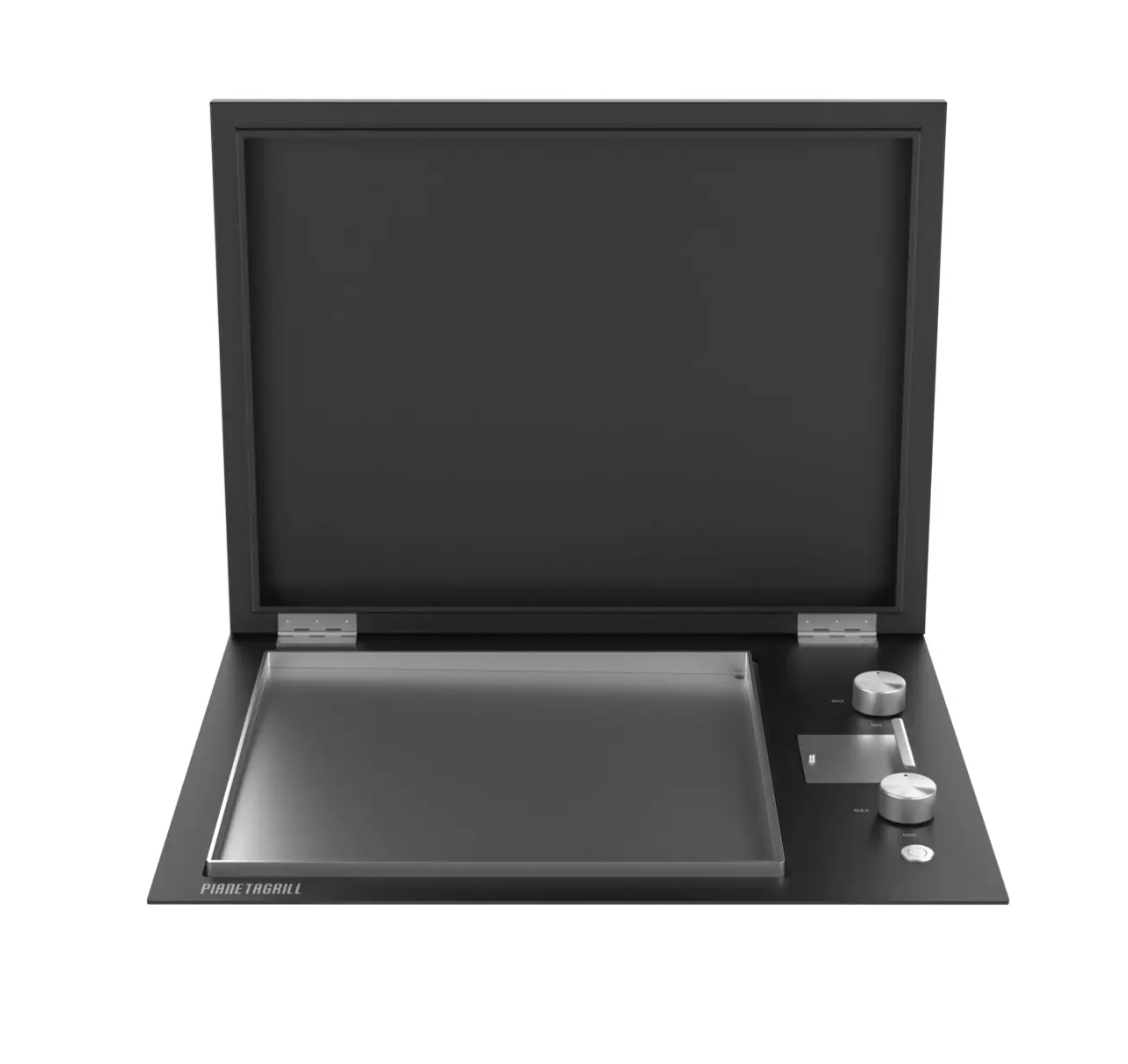 Barbacoa eléctrica y Gas empotrable Pianeta Grill con plancha teppanyaki, color negro. Parrilla Pianeta SKU 1401-BKE
