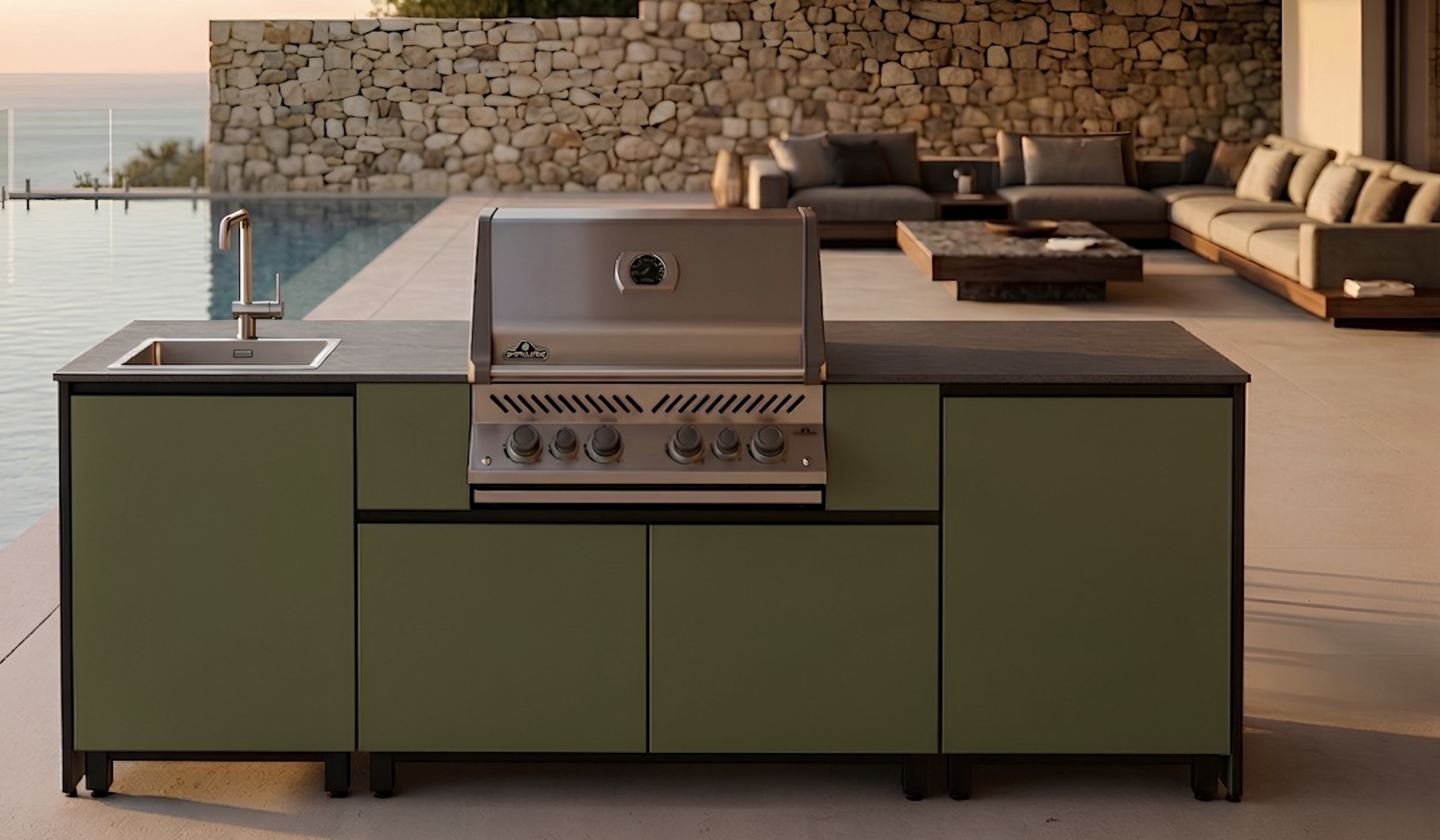 Cocina Exterior Hoppilif Verde Oliva 240cm*70cm*90cm Encimera en Porcelanico
