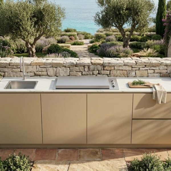 Cocina de exterior Hoppilif: elegante en color Champágne y estructura negra 240 cm * 70 cm * 90. Encimera en Porcelanico