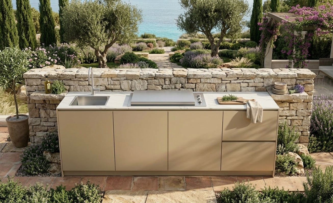 Cocina de exterior Hoppilif: elegante en color Champágne y estructura negra 240 cm * 70 cm * 90. Encimera en Porcelanico