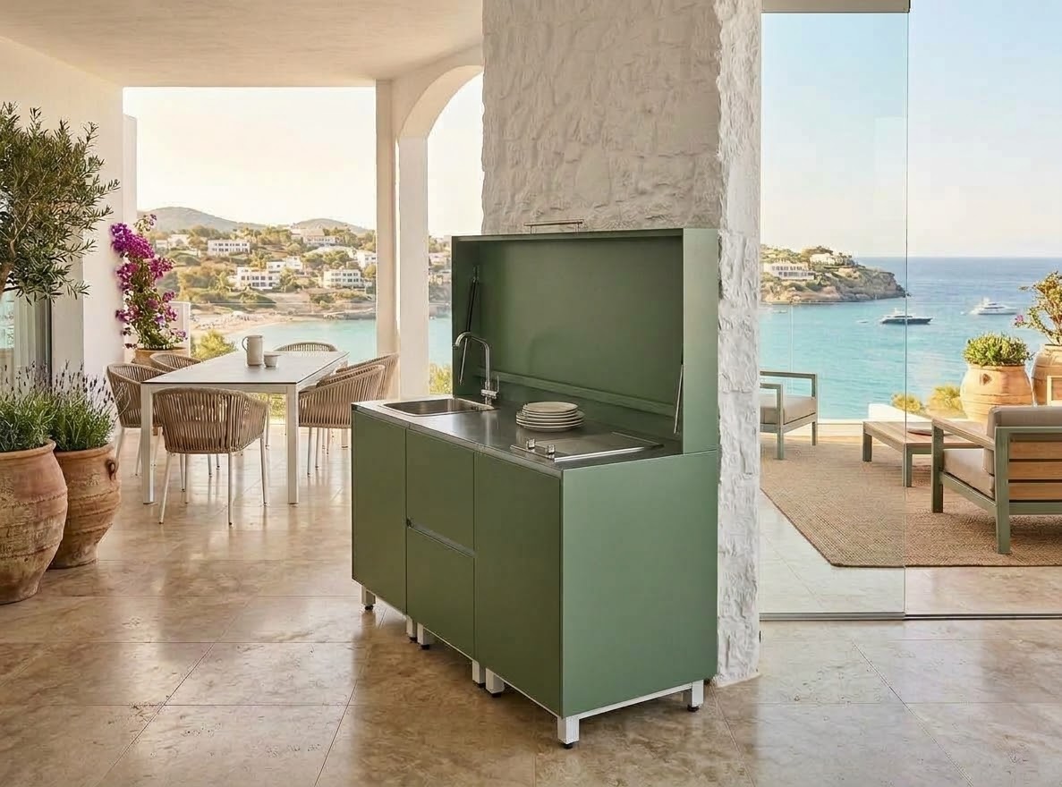 Cocina de exterior Hoppilif | Tempayaki con tapa completa, grifo plegable y Lavaplatos encimera en Inox – Verde oliva (1,8 m) - Image 7