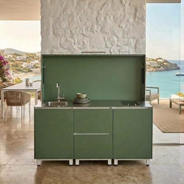 Cocina de exterior Hoppilif | Tempayaki con tapa completa, grifo plegable y Lavaplatos encimera en Inox – Verde oliva (1,8 m)