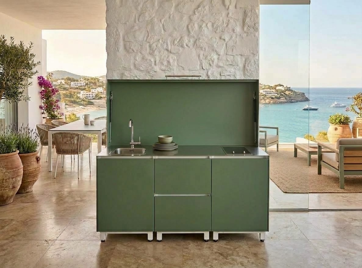 Cocina de exterior Hoppilif | Tempayaki con tapa completa, grifo plegable y Lavaplatos encimera en Inox – Verde oliva (1,8 m)